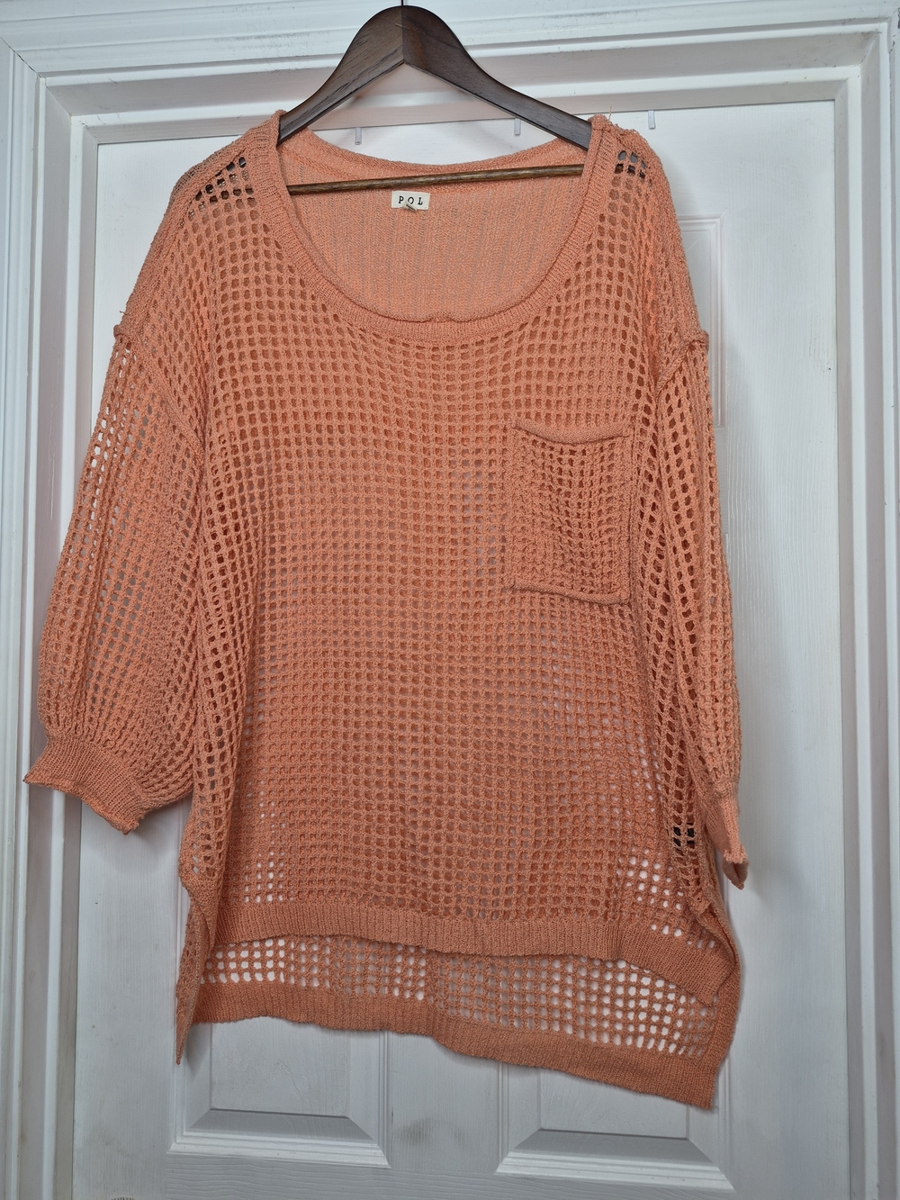POL Peach Open-Weave Knit Pocket Sweater Large